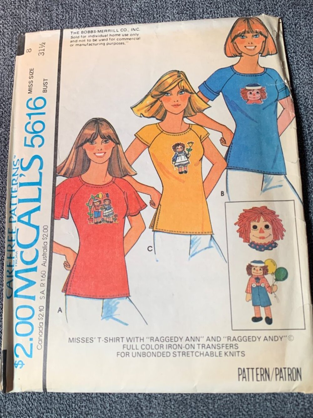 McCall's Misses Shirt Raggedy Ann & Andy Transfers Sewing Pattern Size 8 5616 Un - Picture 1 of 5